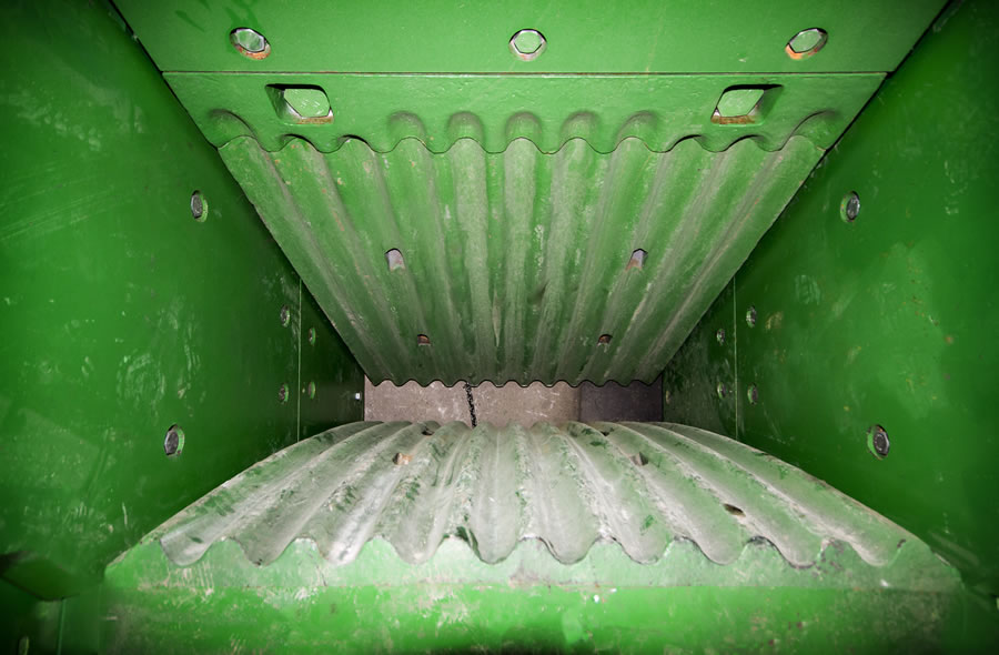 Looking inside the crushing chamber of the J45 mobile jaw crusher.